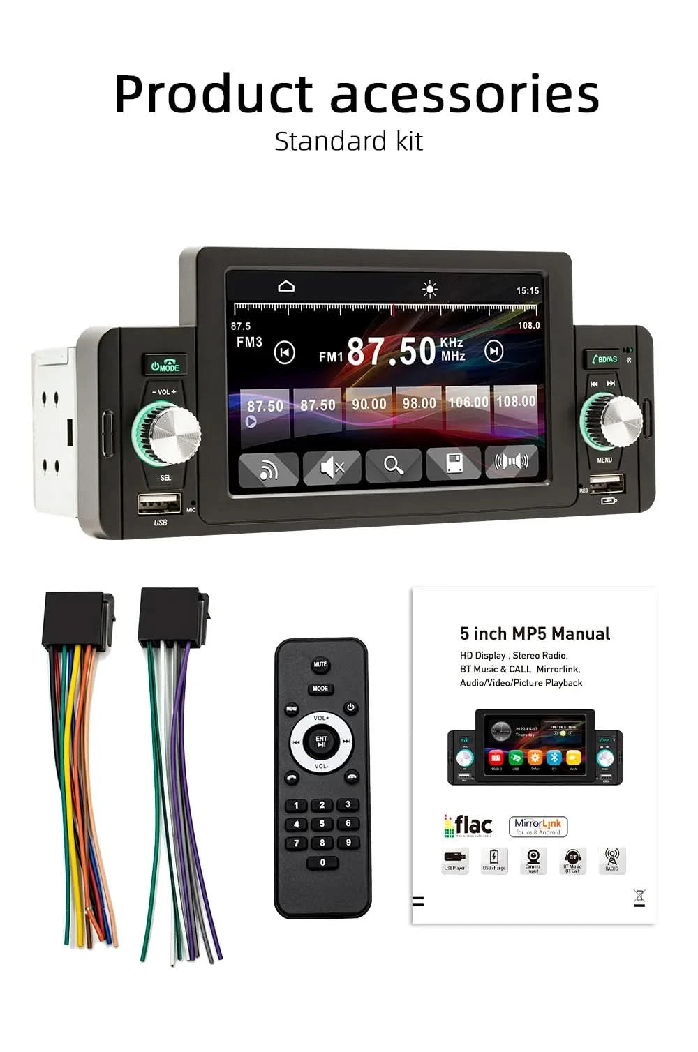 ESSGOO Rádio de Carro 1 Din Tela de 5" Sensível ao Toque  MP5 Multimídia Espelhamento Tela Navegação e Câmera Ré