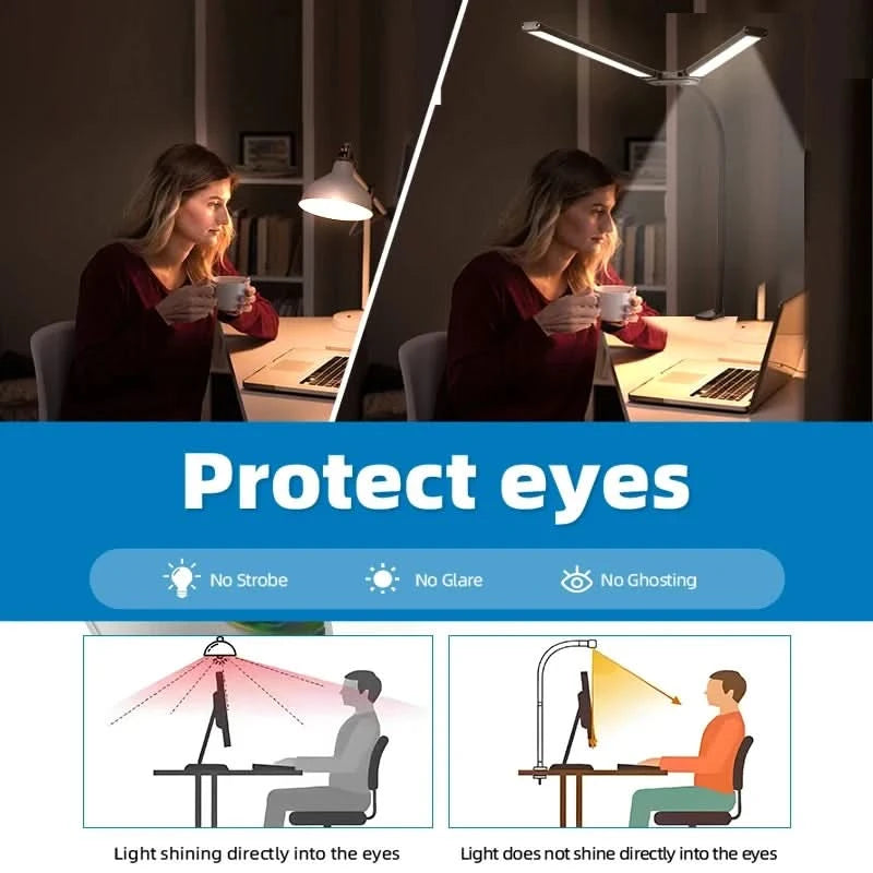 Clip Table Lamp Led Monitor Light Stand USB 3 Color Modes and 10 Dimmable Reading Lights for Study Office Double Head Desk Lamp
