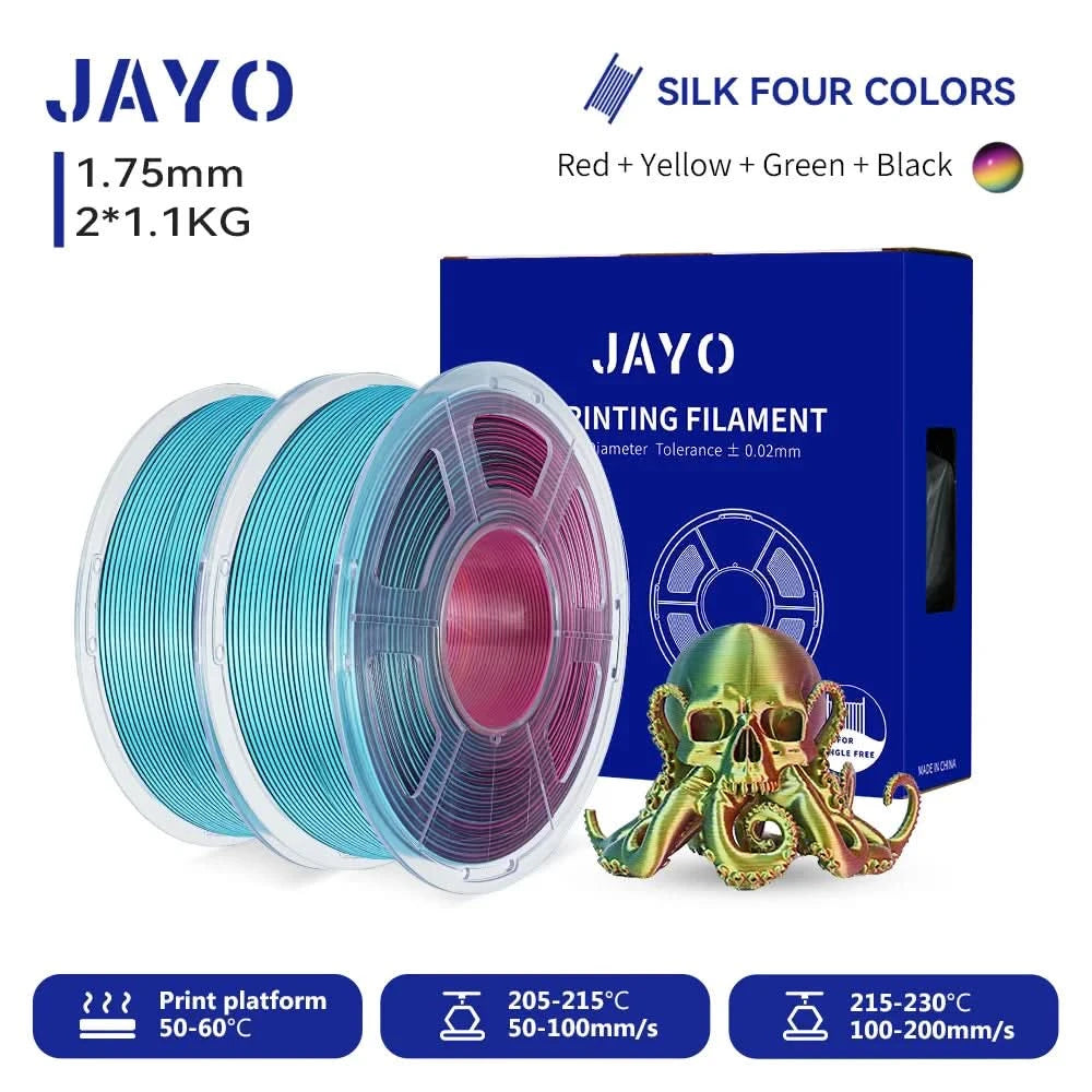 JAYO 3D Multicolor 4-Color Silk PLA+ Filament Bundle Silk PLA+ 3D Printer Filament 1.75mm +/- 0.02mm Shiny Silk Texture 2Rolls