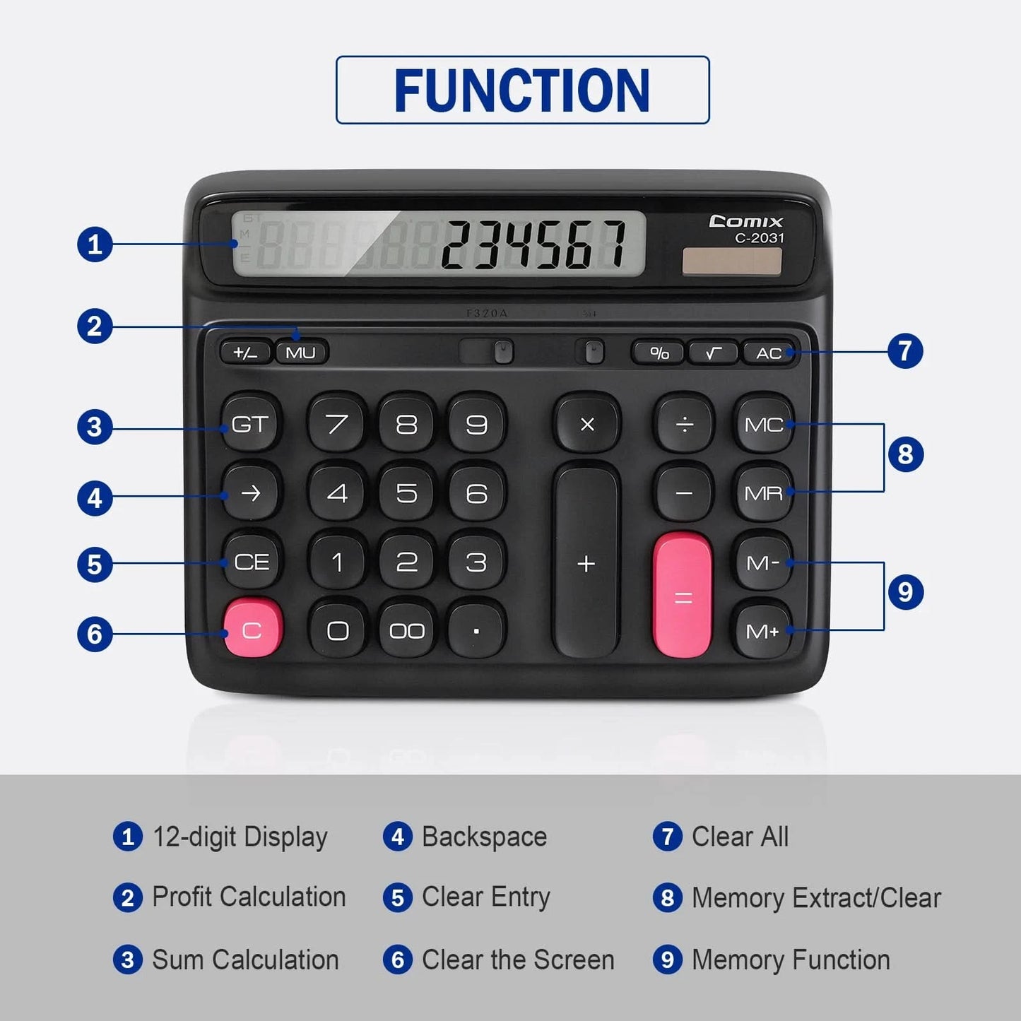 Comix Desktop Calculator, Computer Keys 12 Digit Large Display, Dual Power Black Electronic Calculator for Office Home