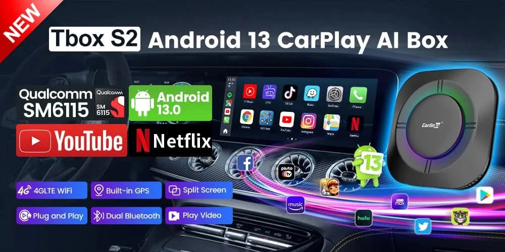 2026 CarlinKit CarPlay AI Box Android 13.0 SM6225 8-Cores Android Auto Wireless CarPlay Adapter 2.4+5GGPS 64G 128G FOTA Upgrade