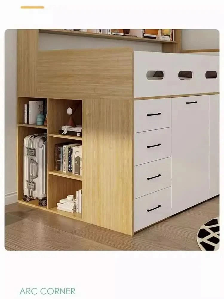 Small apartment solid wood high box storage bed wardrobe integrated, bed desk combination bed, multi-functional elevated bed