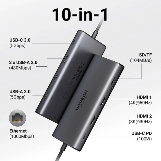 UGREEN Dual HDMI USB-C HUB 8K 4K HDMI Adapter 10-in-1 Splitter mit RJ45 USB3.0 PD 100W Dock für MacBook Pro Air Laptop USB HUB