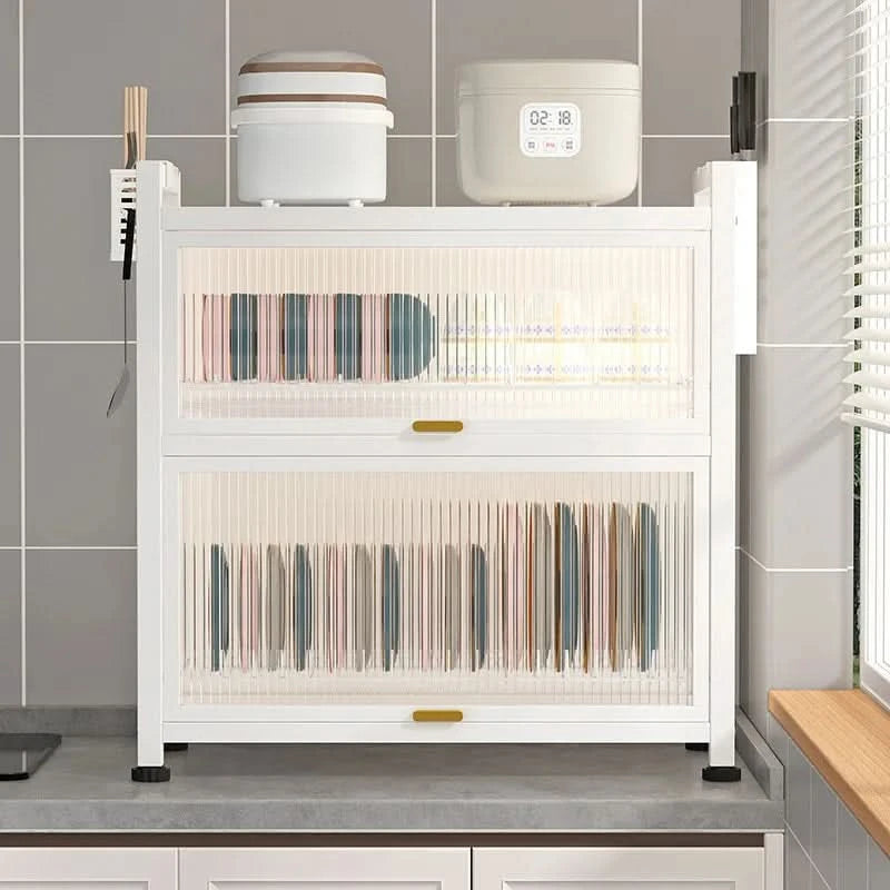 Kitchen cupboard storage box with door, dust-proof bowl rack, countertop, dish storage rack, chopsticks, dishes, drain rack