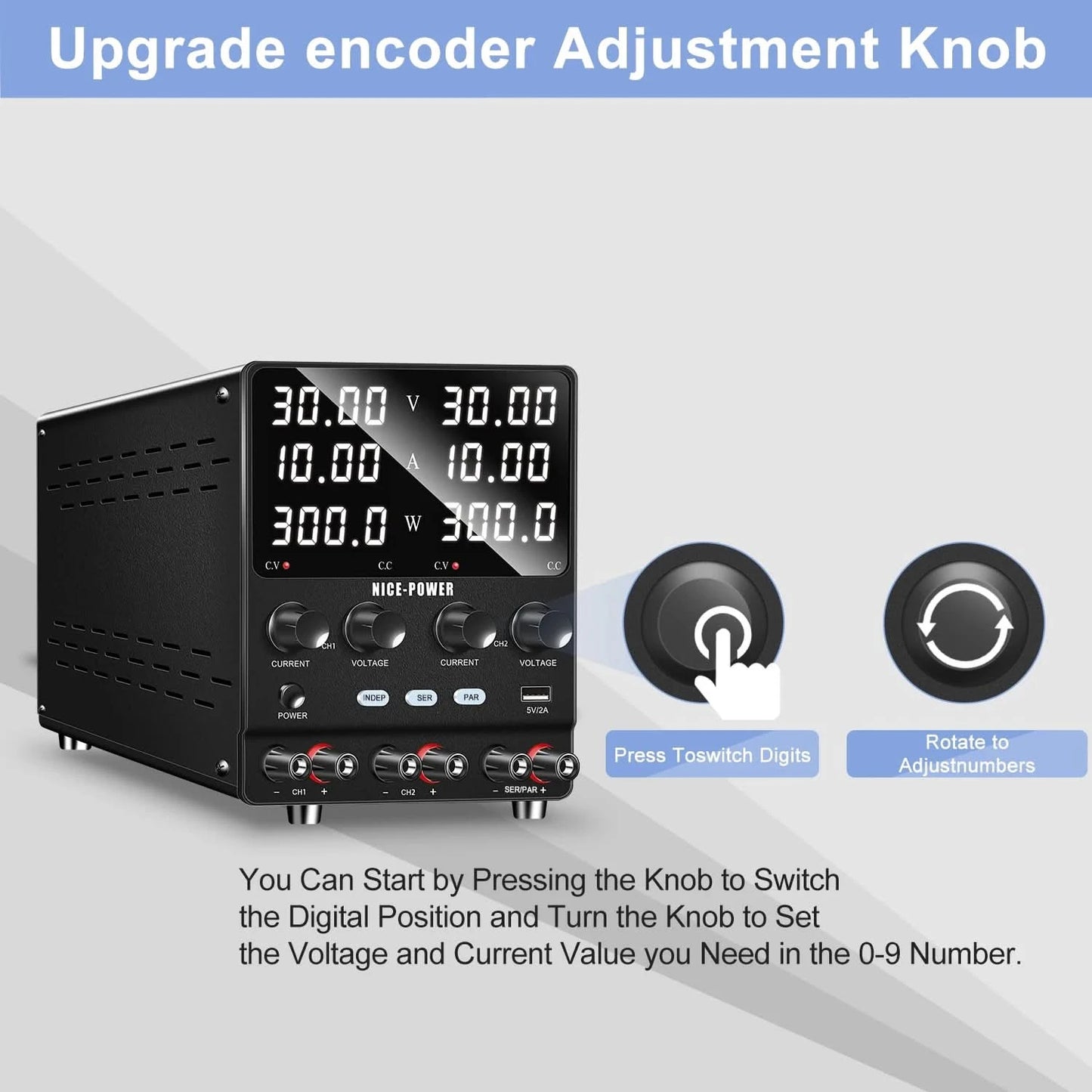 NICE-POWER 30V 10A Dual-Channel DC Lab Power Supply 60V 120V 240V Double Bench Power Source Positive & Negative Voltage Output