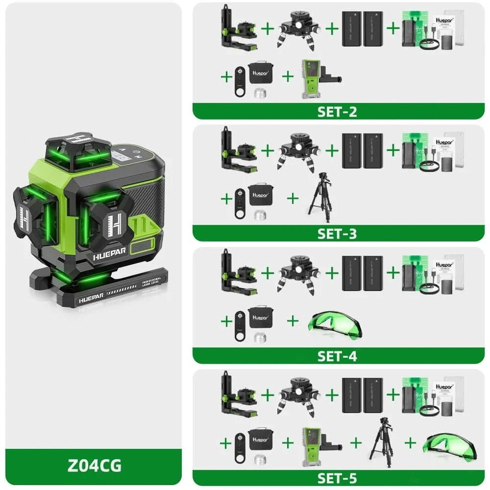 Huepar 16 Lines 4D Self-Leveling Laser Level 4x360°Cross Line Laser with LCD Screen Bluetooth & Remote Control 2x Battery Z04CG