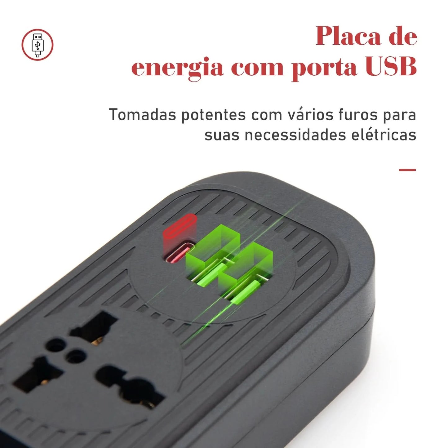 Extensão De 4 Tomadas Com 3 Usb Branco Bivolt 2 Metros Preto, Extensão Tomada,Suporte a Tensão de 110-220V, Potência de 2500W，