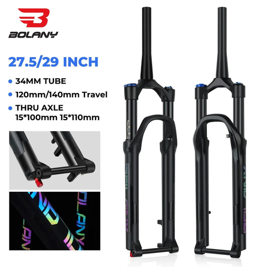 BOLANY 27.5/29inch Boost Bicycle Fork Thru Axle 100/110mm 34mm Tube Tapered Rebound Adjustment 120/140mm Travel Suspension Fork