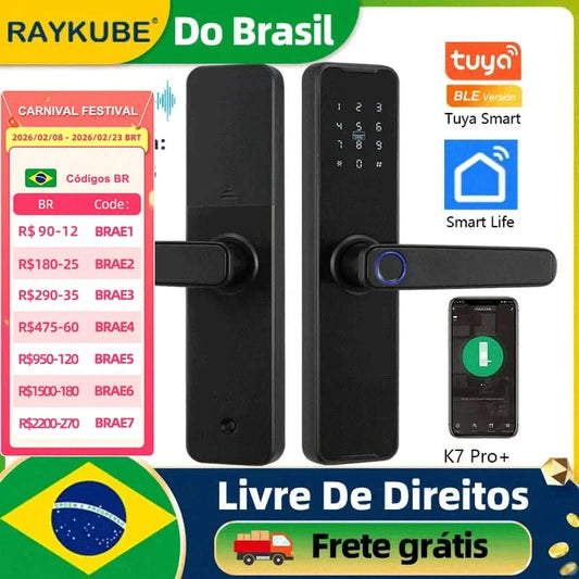 Aus Brasilien RAYKUBE Schwarz K7 Pro+ Tuya Bluetooth Biometrisches Fingerabdruck-Türschloss Smart Digitales Schloss Tuya App Entriegelung Schlüsselloses Schloss