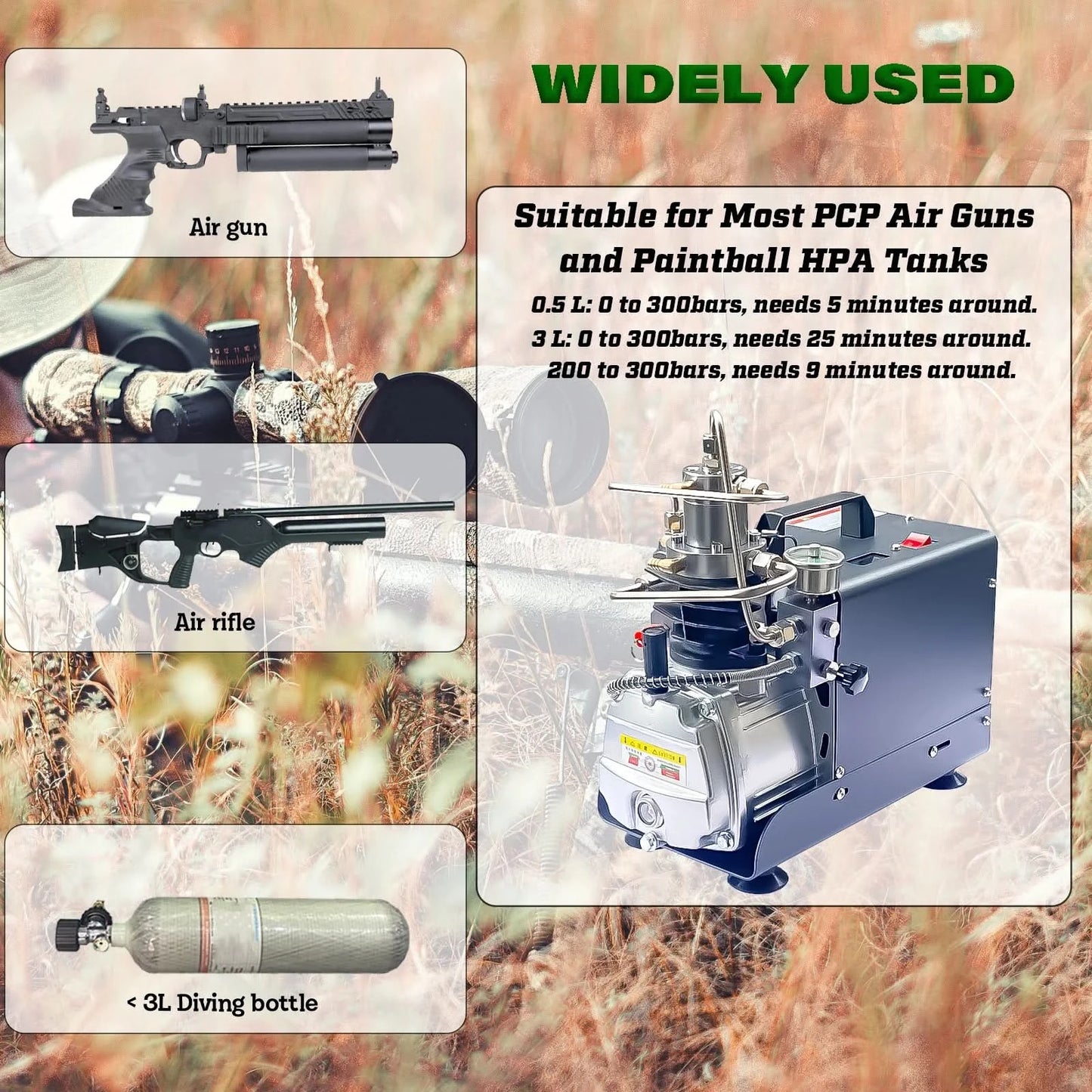 NUOGE AUTO-STOP 4500Psi 300Bar PCP Air Compressor  Electric High Pressure Compressor Scuba Diving Tank Filling