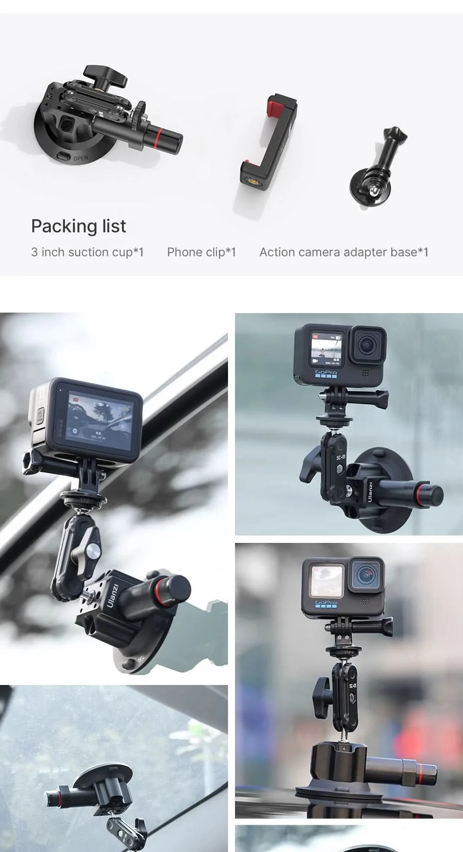 Ulanzi Car Phone Action Camera Holder Hand Pump 360° Suction Cup Adjustable Professional For GoPro for Insta360 for DJI Action