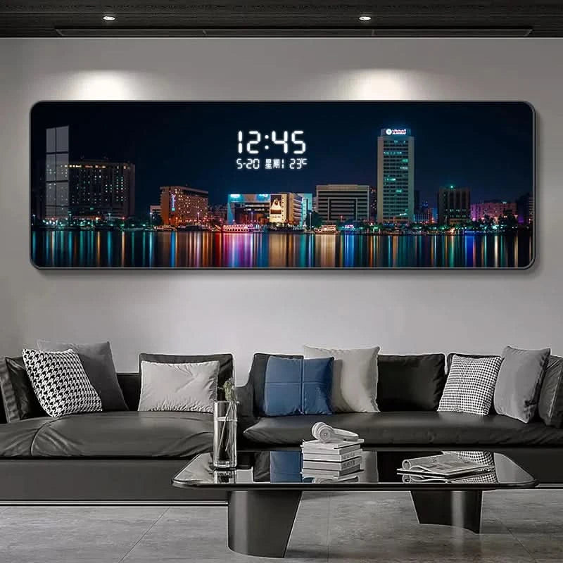 Modern Urban Night Scene Bedroom Bed Head Hanging Art Electronic Clock Landscape Architecture Living Room Sofa Background Wall D
