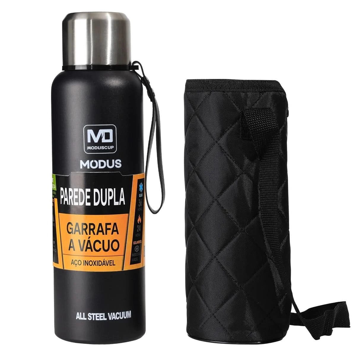 MODUS Garrafa térmica portátil de aço inoxidável, copo isolado a vácuo com corda, 1000, 1500ml