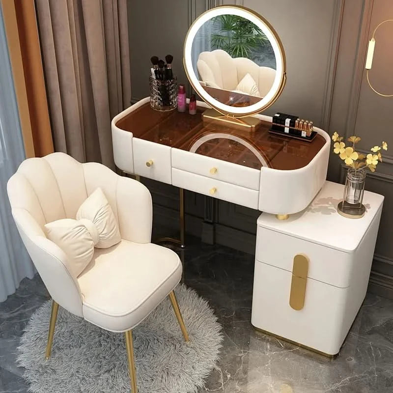 Luxury Jewelery Storage Dressing Table Glass Top Girls Unique Makeup Mirror Beauty Dressing Table Light White Muebles Decoration