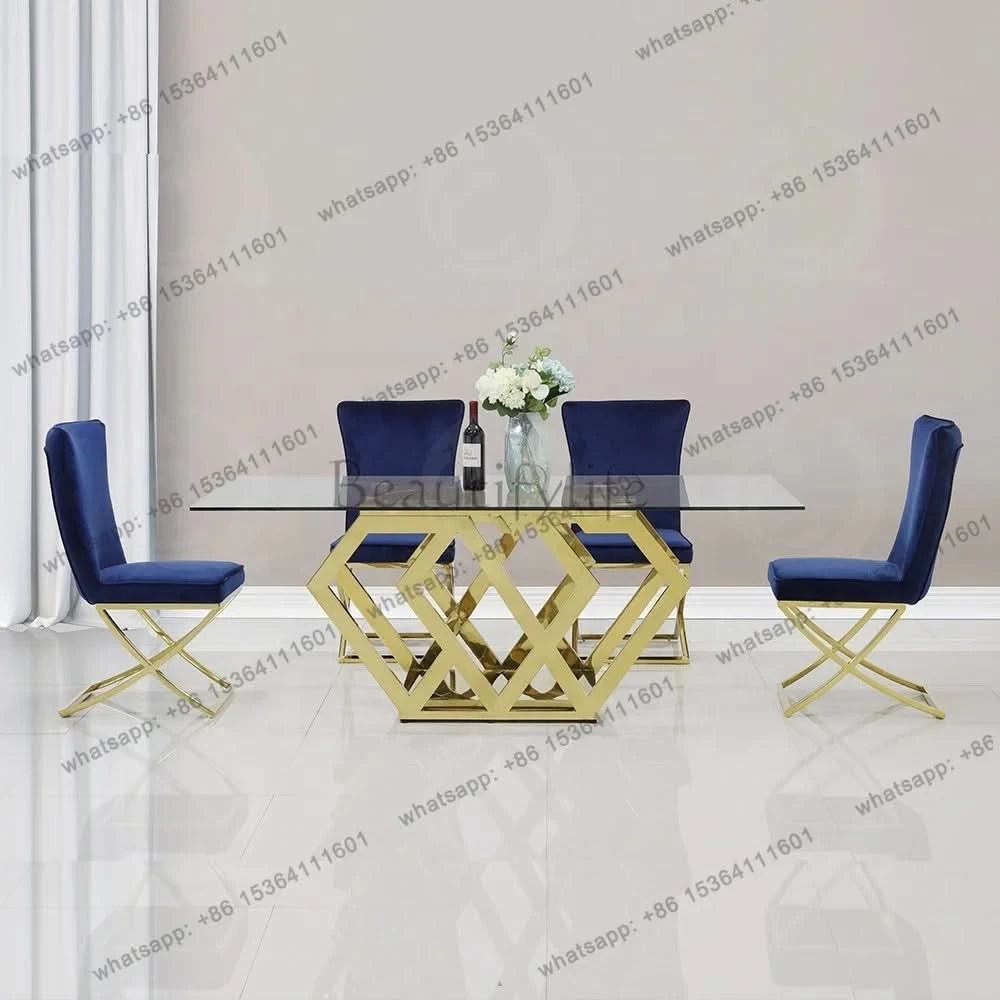 Golden stainless steel base tempered glass top modern luxury dining furniture with 8 seater dining room table