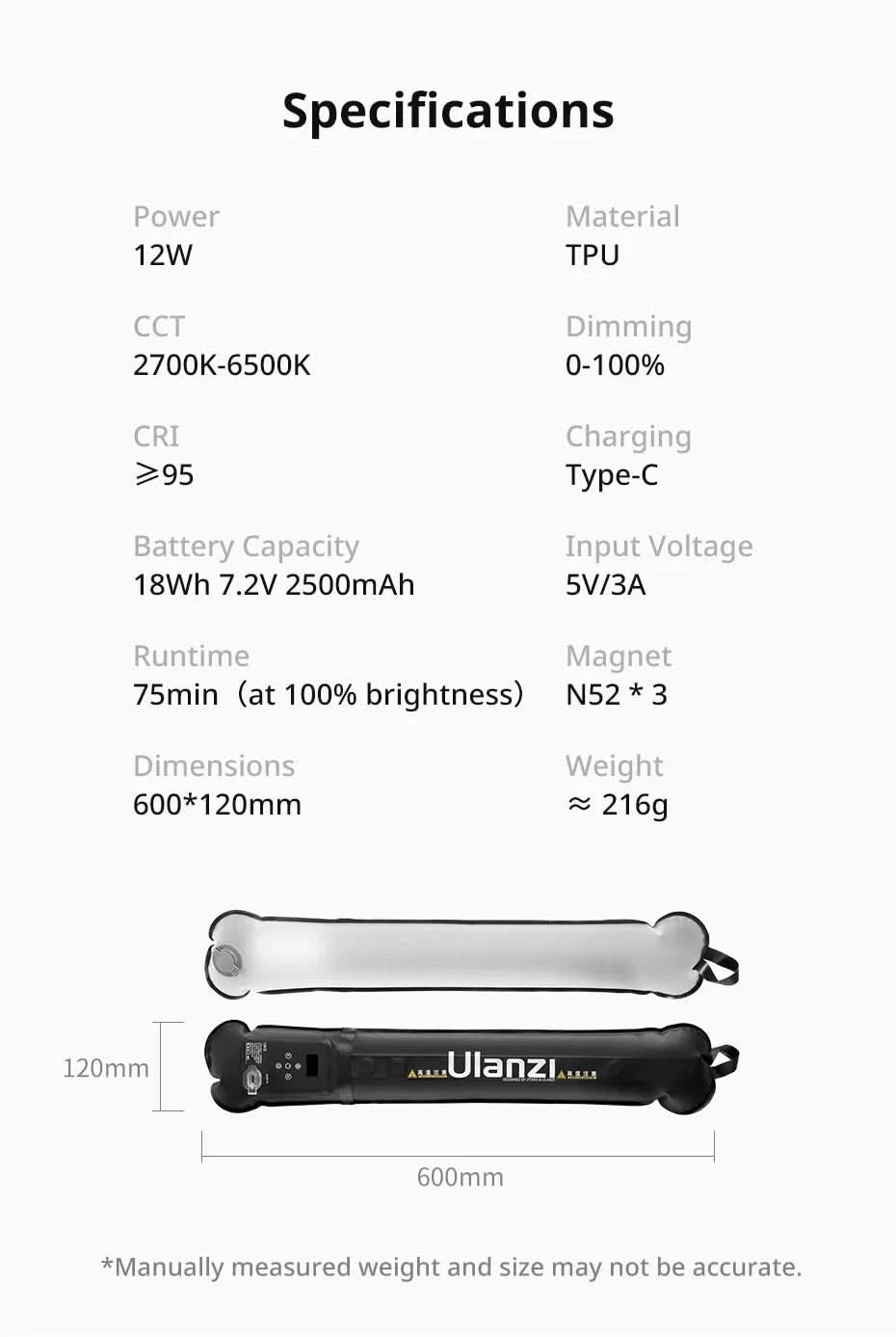 Ulanzi UA12 12W Portable Air Tube Light Bi-Color for Portrait Photograph Livestreaming 2700K-6500K CCT TPU Tube Light Stick