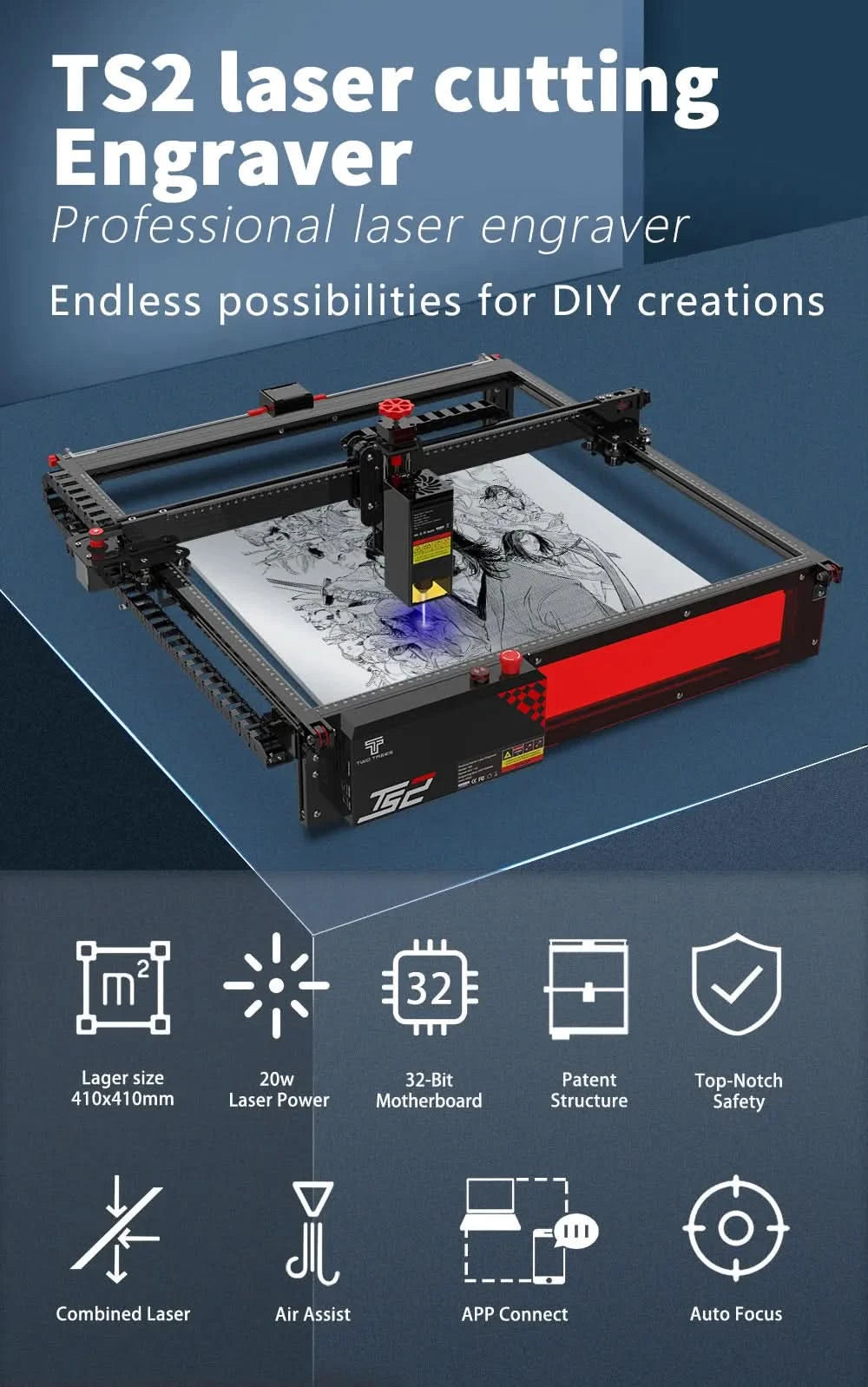 TWOTREES TS2 Metal Laser Engraving Machine 22W Laser Cutting 12mm Wood Acrylic Engraving Size 410*410mm