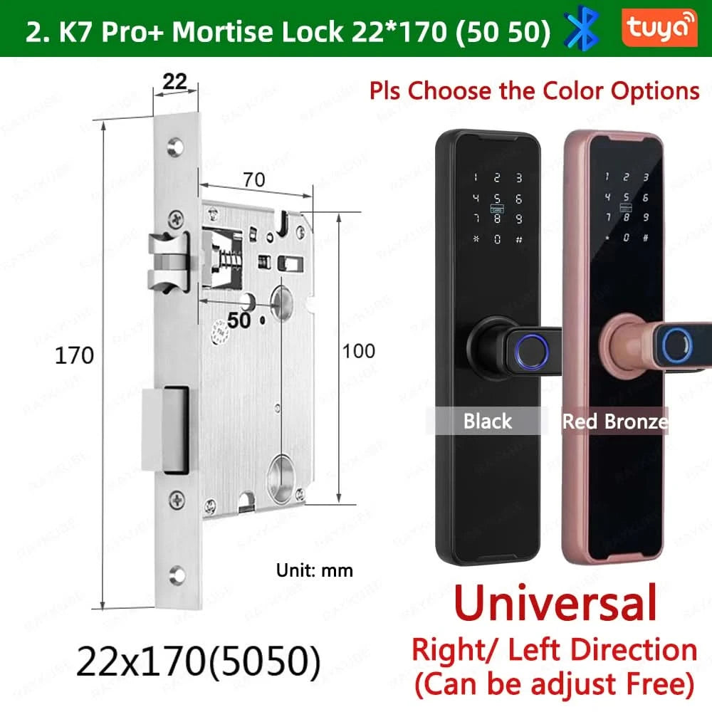 Do Brasil RAYKUBE Black K7 Pro+ Tuya Bluetooth Biometric Fingerprint Door Lock Smart Digital Lock Tuya App Unlock Keyless Lock