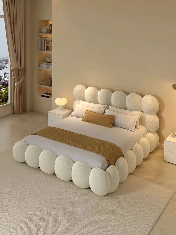 Beauty Cream Cloud Bed Large Size White Rectangle Minimalist Safe Bed Upholstery European Cama Matrimonial Home Furniture