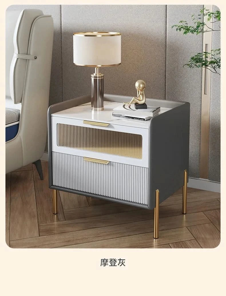 Bedside Table,Modern Light Luxury, Solid Wood Italian Simple Storage, Ultra-narrow Bed Leather Smart Side Cabinet Bedroom