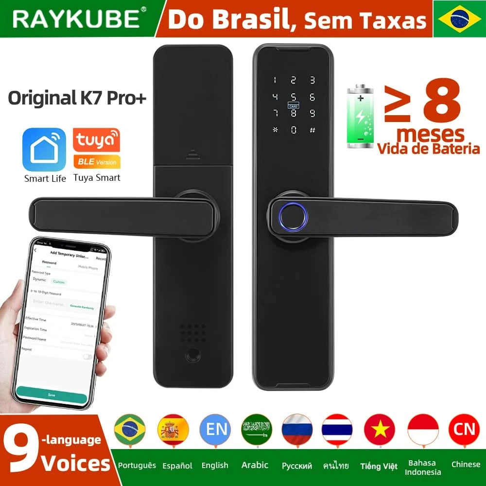 Do Brasil RAYKUBE Black K7 Pro+ Tuya Bluetooth Biometric Fingerprint Door Lock Smart Digital Lock Tuya App Unlock Keyless Lock