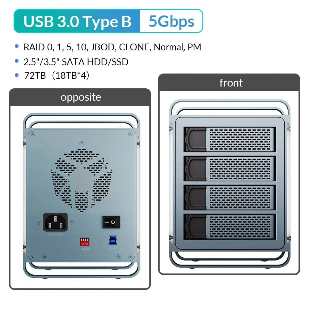 [DF4] Yottamaster 4 Bay RAID External HDD Enclosure 2.5" 3.5" SATA SSD Enclosure with 80mm RGB Silent Fan Support 64TB and RAID