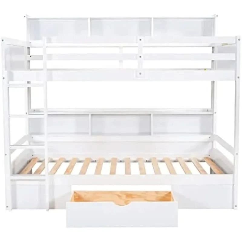 Twin over Twin Bunk Bed with Storage Drawer, Solid Wood Construction, Built-in Shelves on Each Side