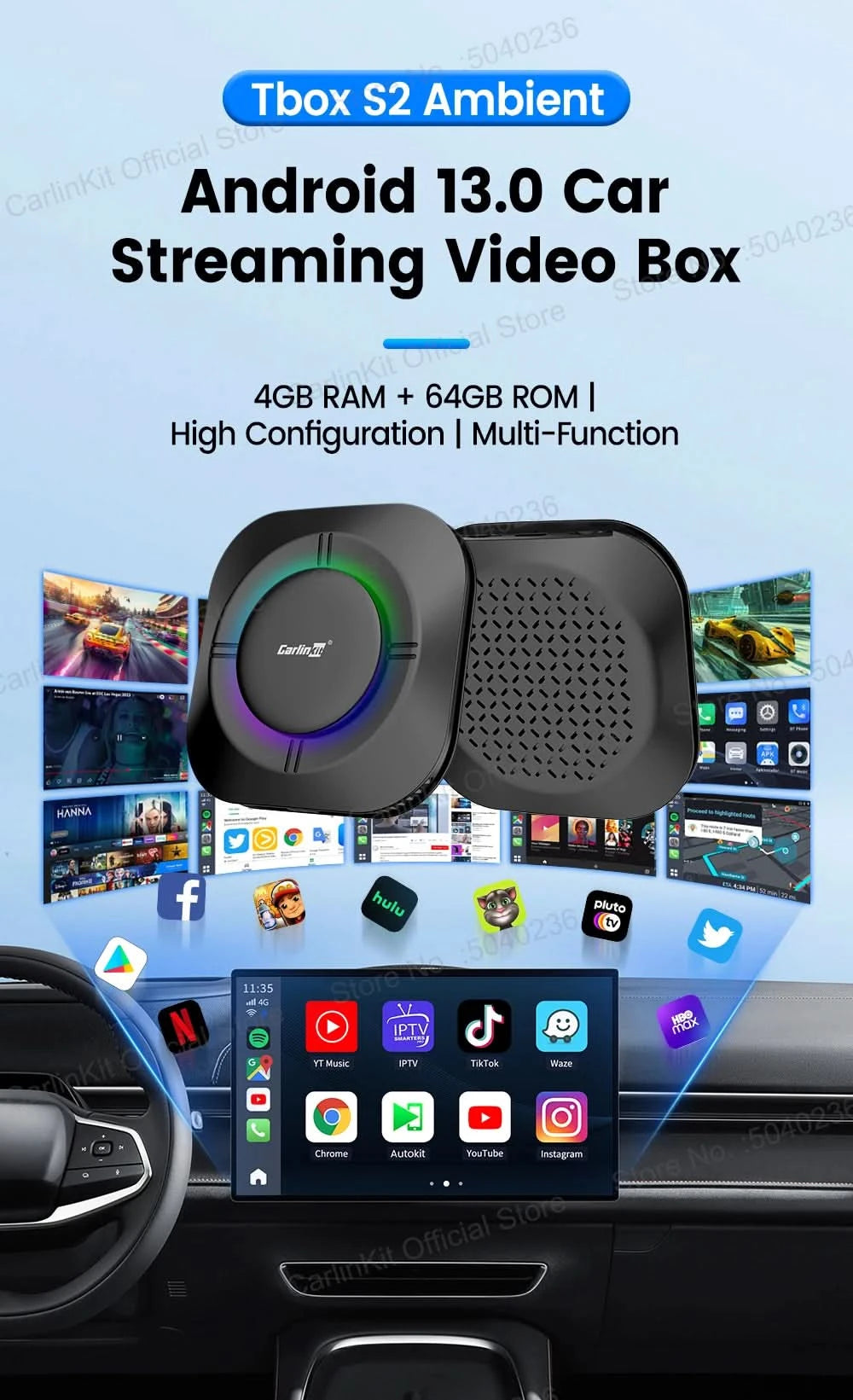 CarlinKit S2 CarPlay Ai Box LED Android 13 Streaming Box 64G/128G Qualcomm 8-Core Split Screen Car Intelligent System Play Video