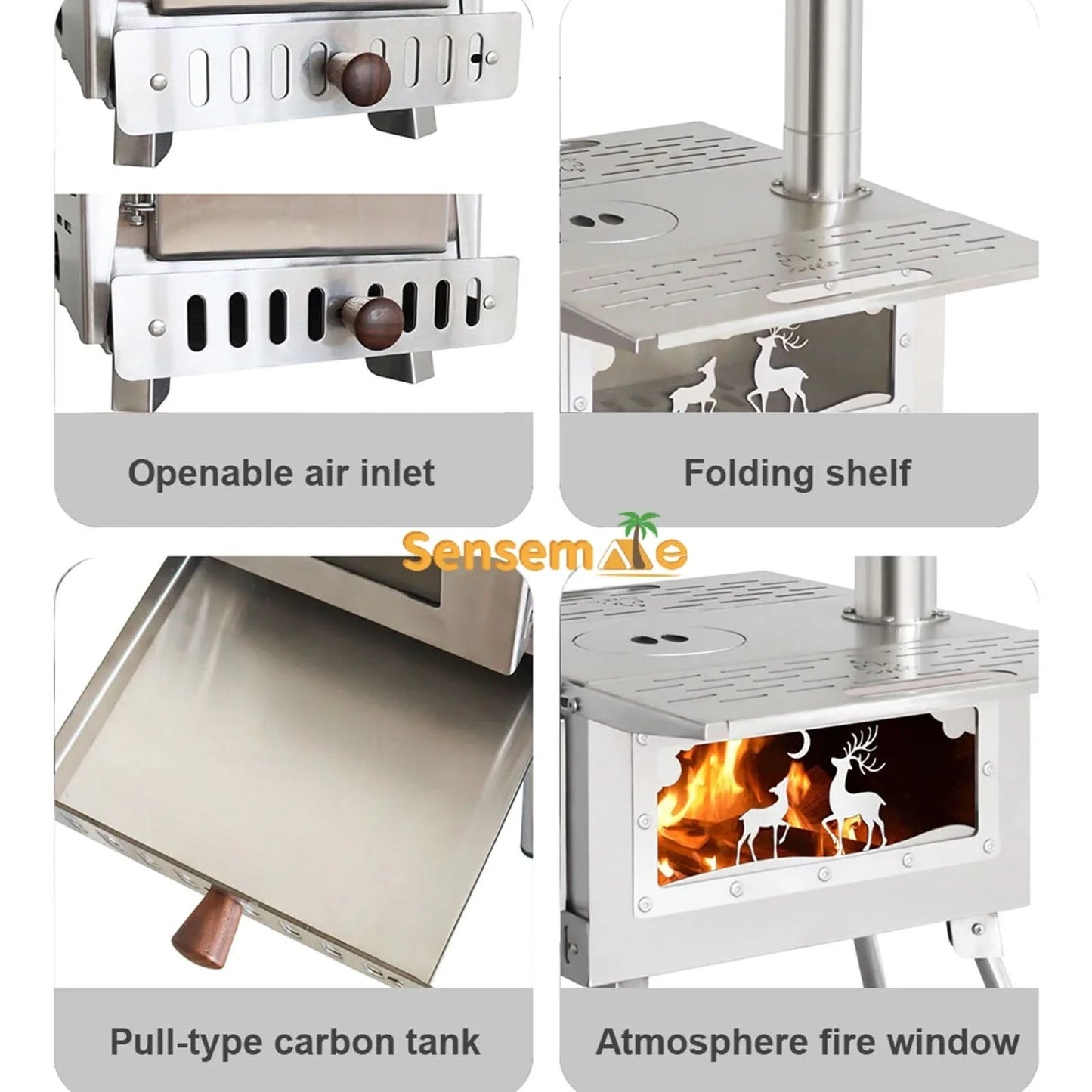 Camping Wood Stove Fire View Side Glass Portable Folding Wood Burner with Chimney Stainless Steel Tent Heater for Ice Fishing