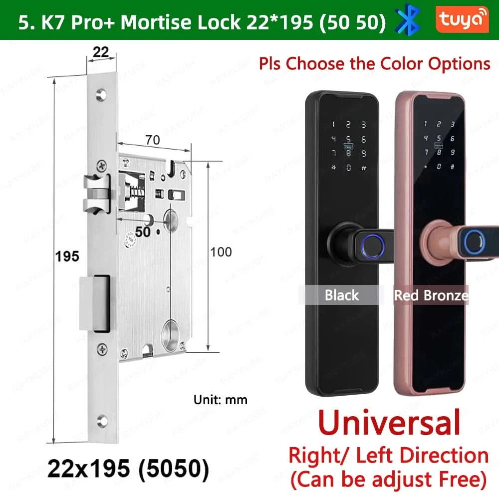 Do Brasil RAYKUBE Black K7 Pro+ Tuya Bluetooth Biometric Fingerprint Door Lock Smart Digital Lock Tuya App Unlock Keyless Lock