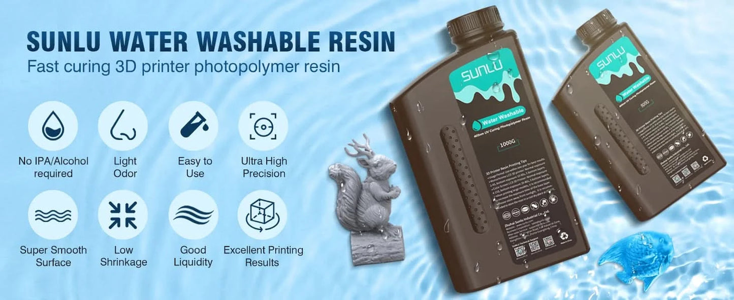 SUNLU 2KG Water Washable / Water Washable ABS Resin Resin 1000G/Bottle 405nm Rapid UV-Curing Photopolymer Resin For LCD 3D Print