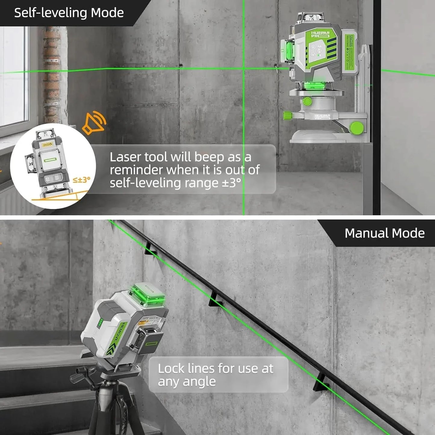 Huepar 4D Cross Line Laser Level High Accuracy ±2mm/10m Self Leveling Green Laser Tools With 8000mAh Li-ion Battery & Receiver