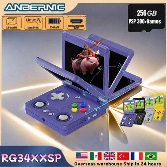 Anbernic RG34XXSP 3.4''IPS Screen Flip Handheld Console Linux System HDMI-compatible TV Output 256G PSP 300+ Games Pre-installed