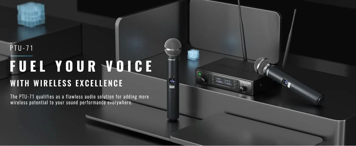 Phenyx Pro UHF Profeesional Adjustable Dual Wireless Microphone System for Stage Performances Sturdy Metal Build 100M PTU71
