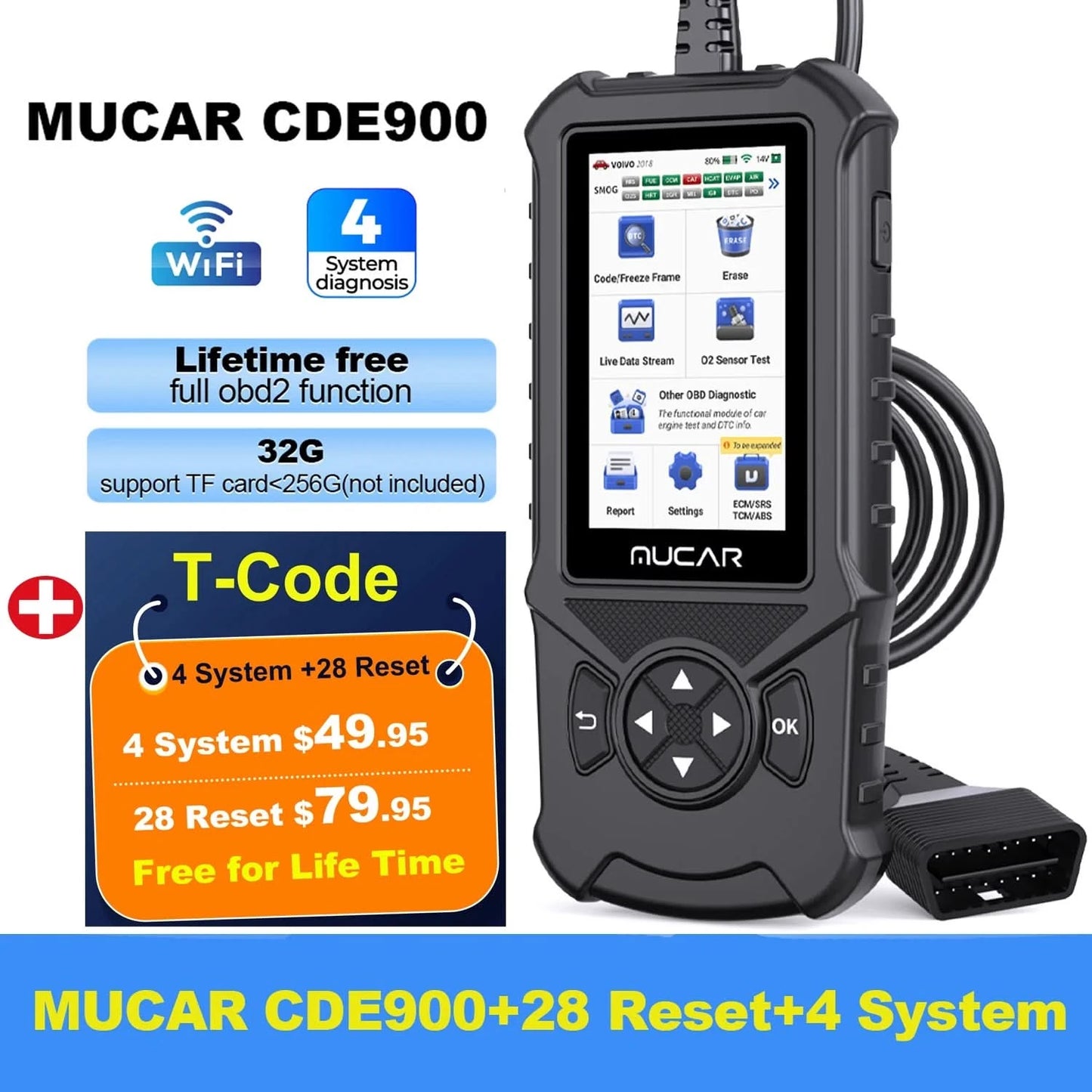MUCAR CDE900/cde900 Pro OBD2 Diagnostic Tool 32GB Scanner Brake Airbag Transmission Engine Diagnosis Code Reader
