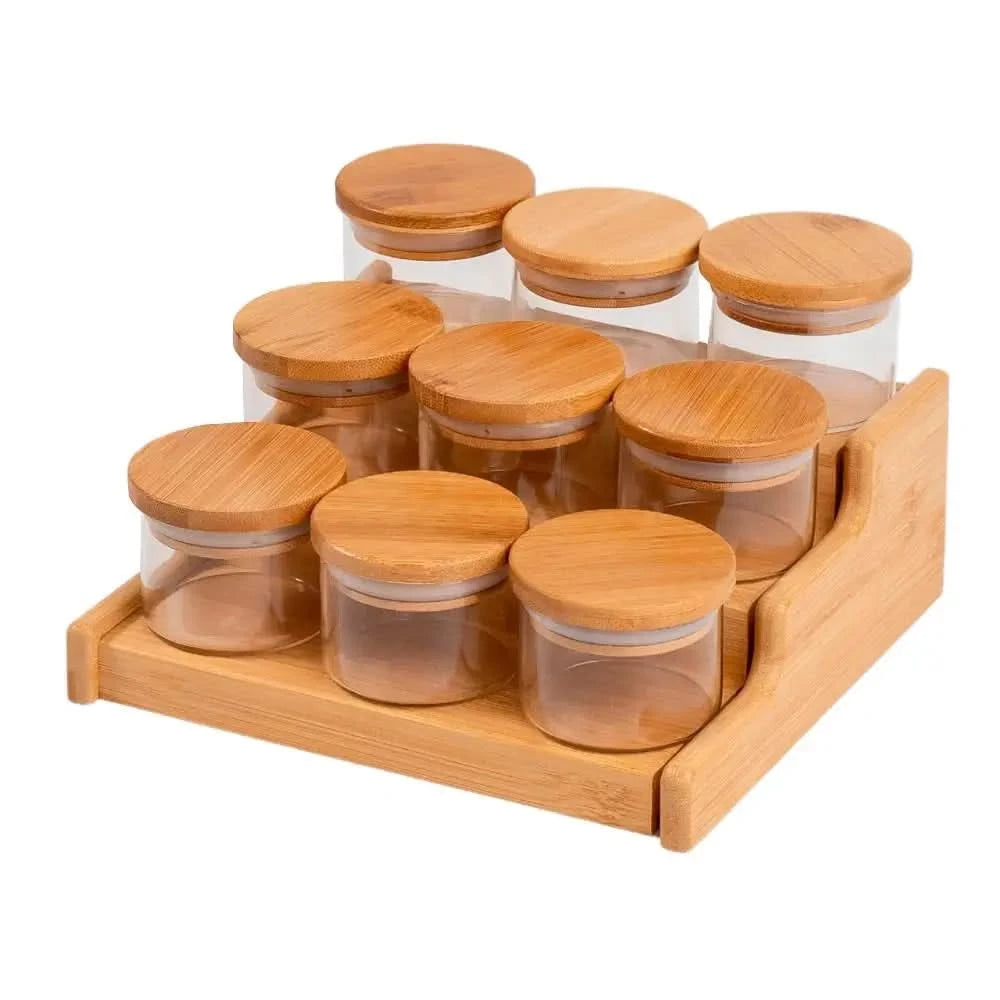 110 ml luftdichtes 9-er Set mit Bambusdeckel und Bambus-Organizer-Rack – Oikos