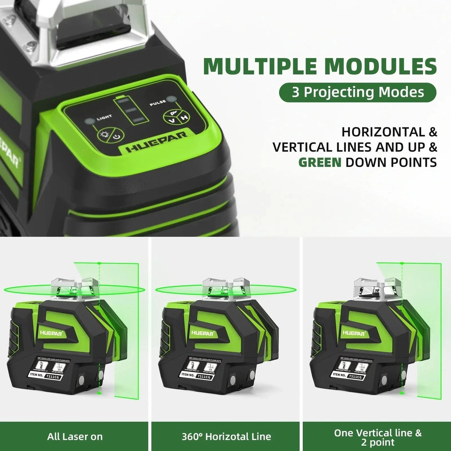 Huepar 7211CG Grüner Kreuzlinienlaser selbstnivellierend 2 Lotpunkte Li-Ionen-Akku 360° Horizontale Linie Fächerwinkel-Laserwerkzeug