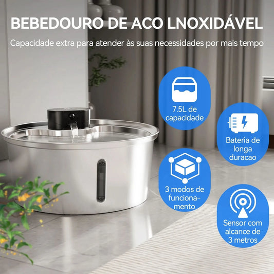 Newpet 7.5L Automatischer Trinkbrunnen für Hunde aus Edelstahl, 5000mAh kabelloser Haustiertränke, Batterie- und Sensor-2-in-1-Spender für Hunde