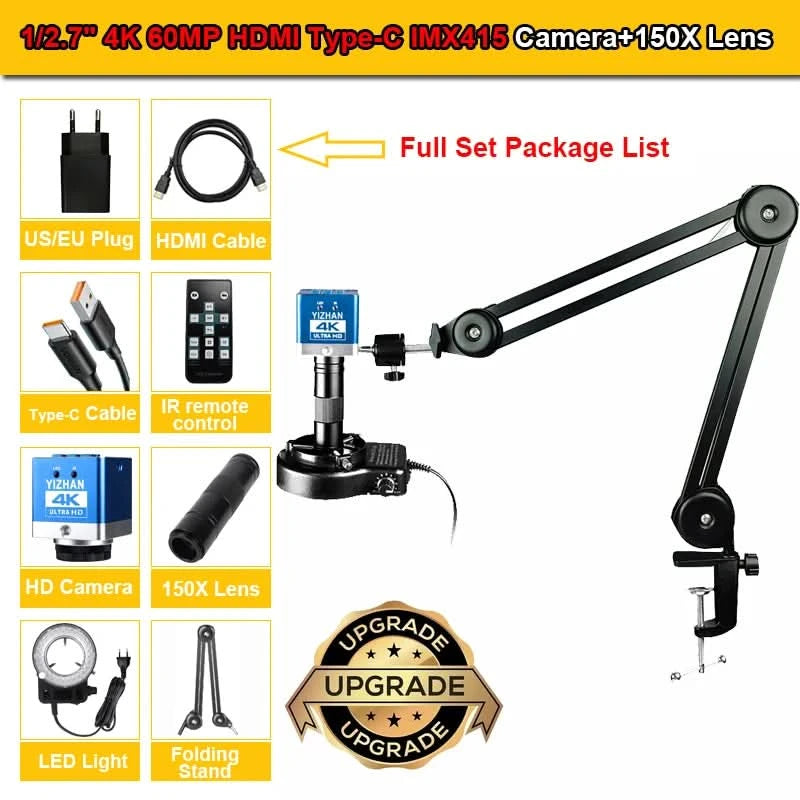 YIZHAN 4K UHD Electron Digital Microscope 1080P 60FPS Video Industrial Welding Camera 150X Lens Folding Stand for PCB Repair