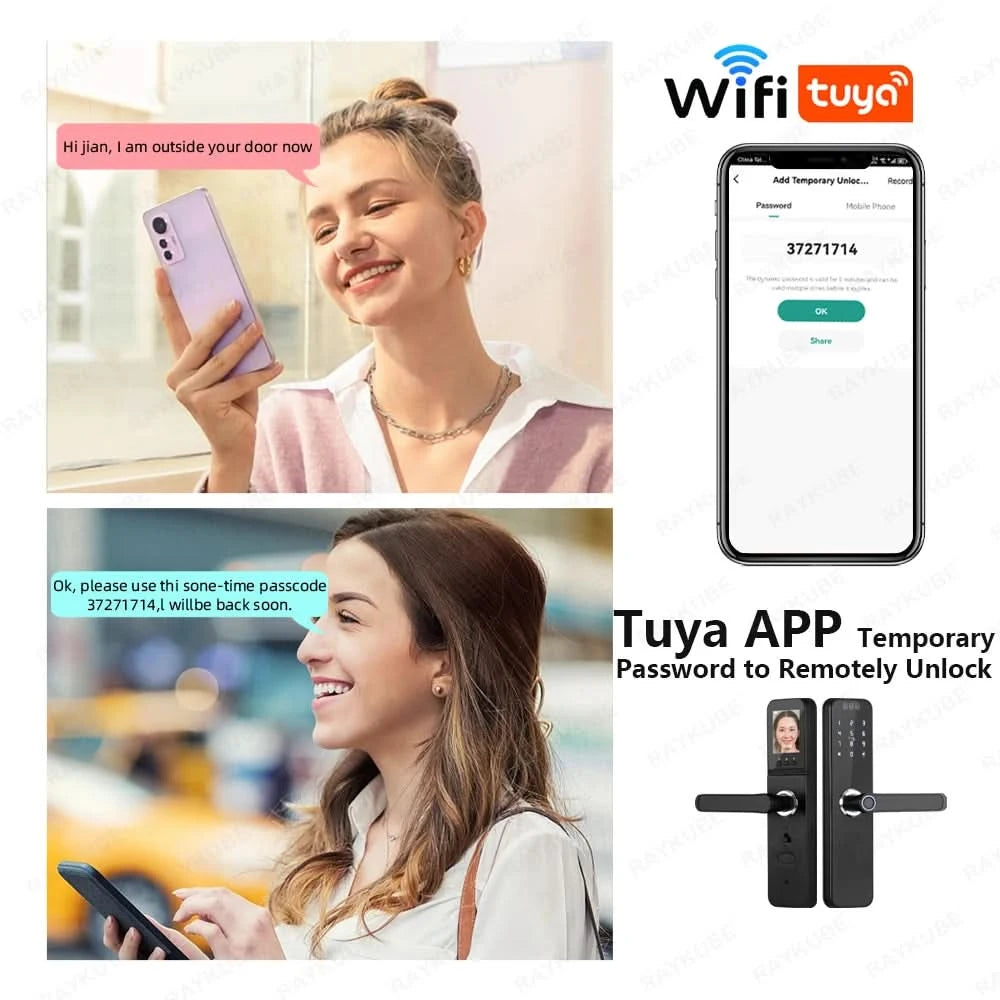 Do Brasil RAYKUBE K12 With lithium Rechargeable Batteries Tuya WiFi Camera Electronic Lock 3D Face Fingerprint Smart Door Lock