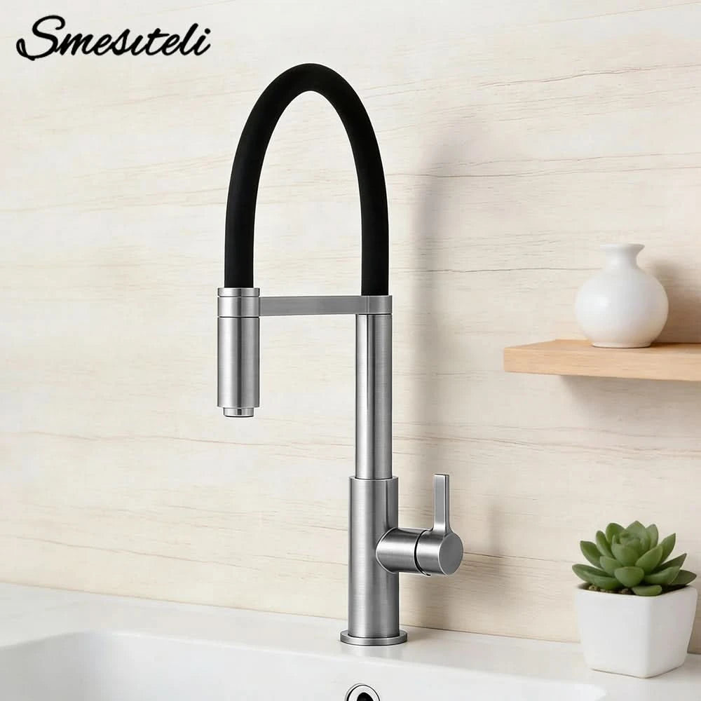 Smesiteli Kitchen Faucets Round Matte Black Brass Single Handle Single Hole 360 Degree Swivel Mixer Sink Tap Pull Out Down Taps
