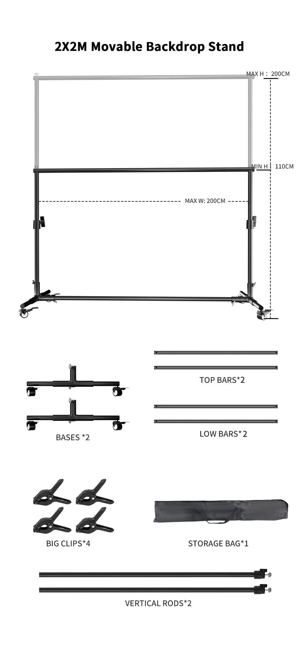 SH 2X2M / 2X3M Background Stand With 4pcs Wheels And 4pcs Fish Clips Photography Backdrop Frame Support For Photo Studio