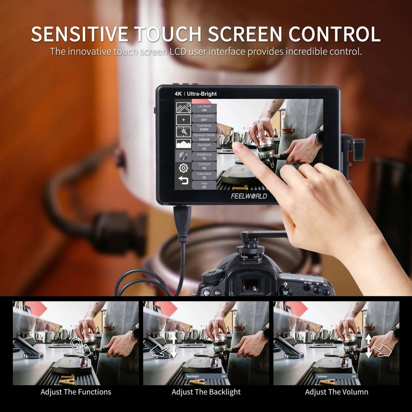 FEELWORLD LUT7 7 Inch 2200nits Touchscreen Camera Field Monitor with 3D LUT HDMI Input Output Waveform VectorScope Histogram