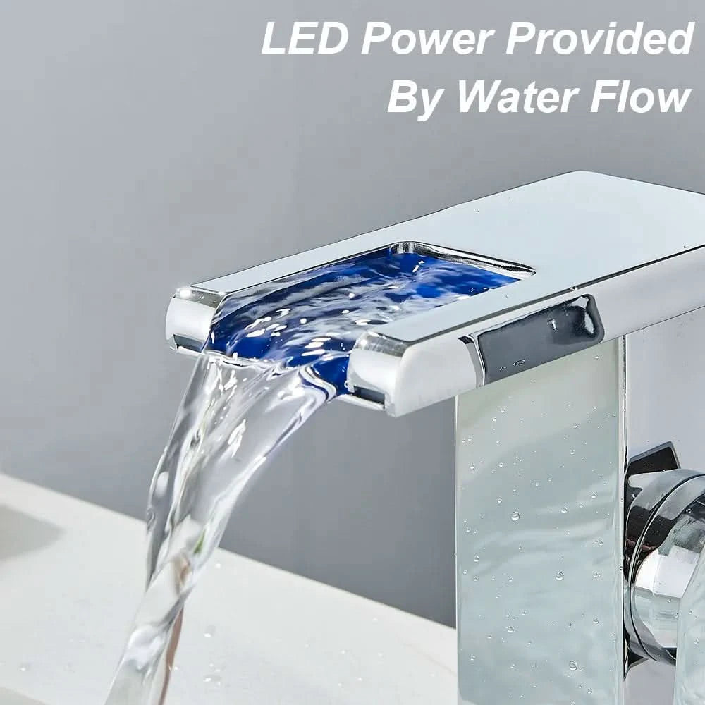 Rozin LED Bathroom Basin Faucet Black Waterfall Sink Faucets Hydroelectric LED Deck Mounted Crane Hot Cold Water Mixer Tap