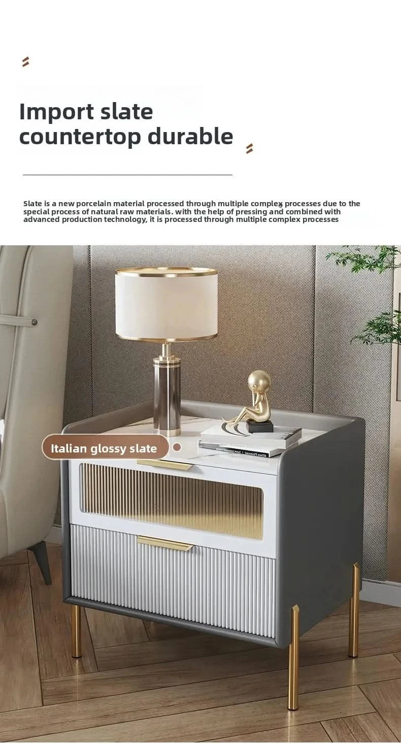 Bedside Table,Modern Light Luxury, Solid Wood Italian Simple Storage, Ultra-narrow Bed Leather Smart Side Cabinet Bedroom