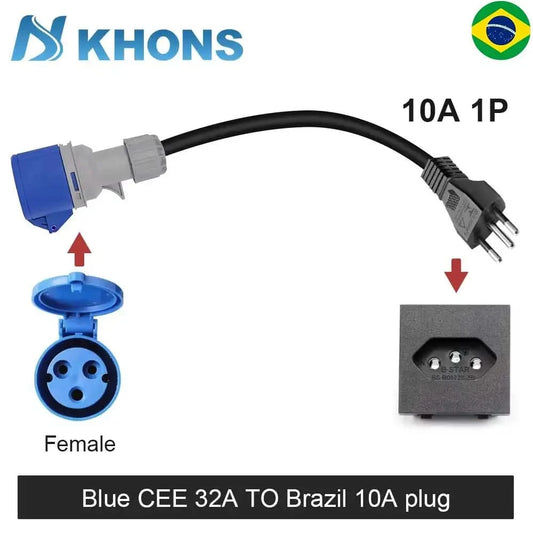 KHONS Elektrofahrzeug-Ladegerät Blau CEE 32A auf brasilianischen Stecker 10A Adapter 32A 1Phase Buchse auf 10A Stecker