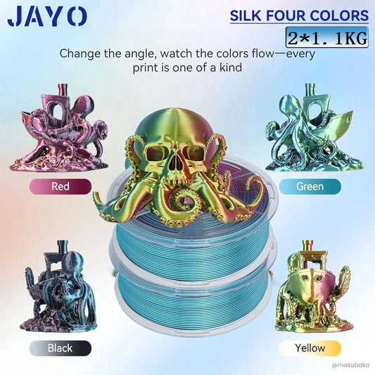 JAYO 3D Multicolor 4-Farben Seiden-PLA+-Filament-Bündel Seiden-PLA+-3D-Drucker-Filament 1,75 mm +/- 0,02 mm Glänzende Seidenstruktur 2 Rollen