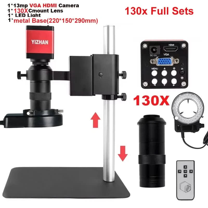 13MP Video-Mikroskop HDMI VGA Industriemikroskop Kamera 1-130X/150X/215X C-Mount Objektiv für Lötreparatur Bildsammlung