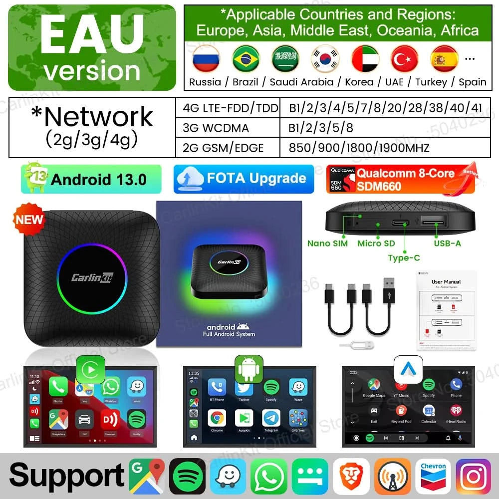 2026 NEW CarlinKit CarPlay Ai Box Qualcomm 8-Core Android 13 Wireless Carplay Android Auto Car Video TV Box WiFi SIM For Netflix