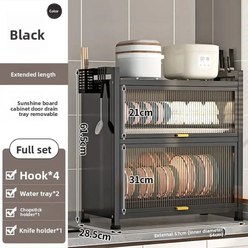 Kitchen cupboard storage box with door, dust-proof bowl rack, countertop, dish storage rack, chopsticks, dishes, drain rack